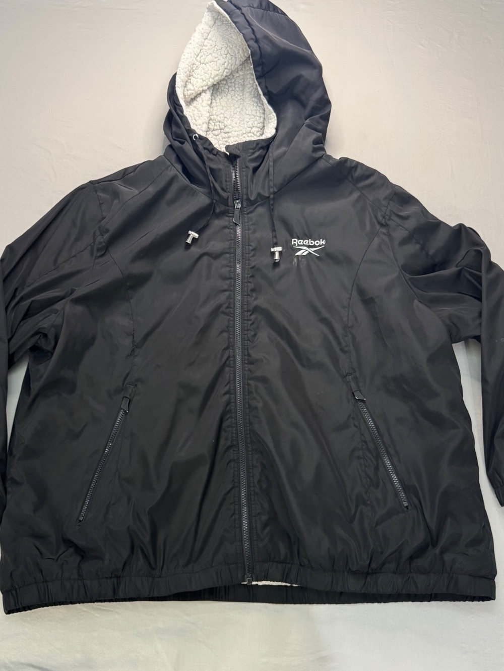 Reebok 3XL Sherpa Lined Hooded Jacket Black Full Zip Fleece Y2K Streetwear
